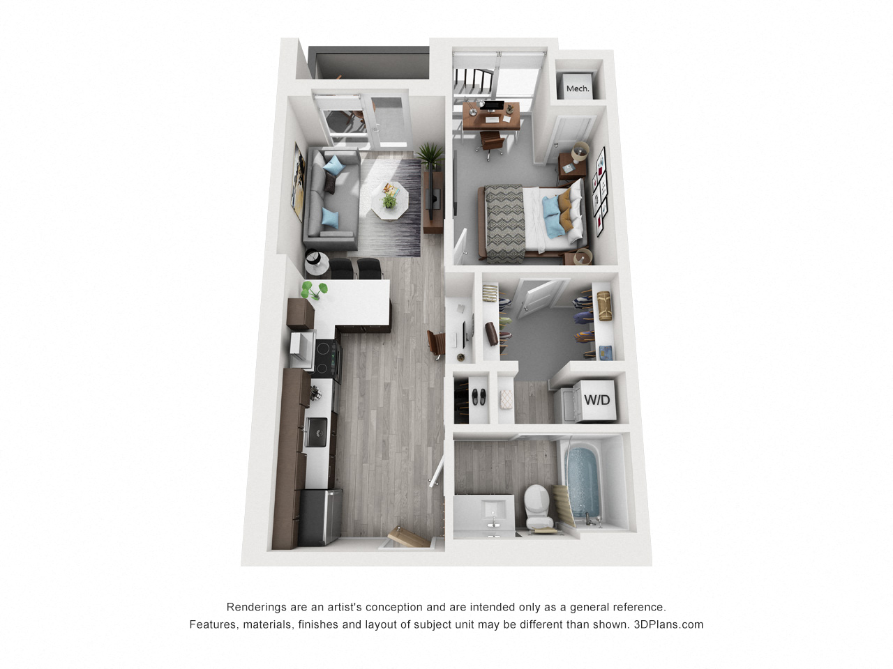 Floor plan for 1 bed, 1 bath, 587 sqft